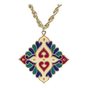 Vendome 1970’s Multi-Color Enamel Medallion Pendant Necklace Gold Tone